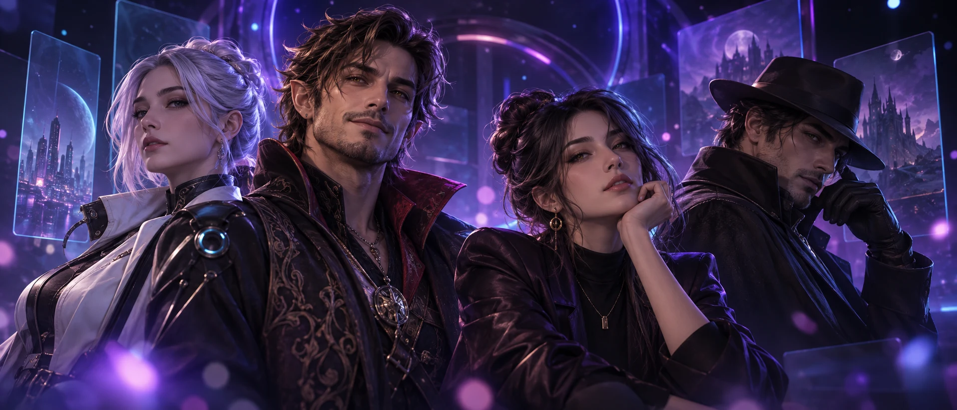 Four original fictional adult AI characters in a violet digital discovery world